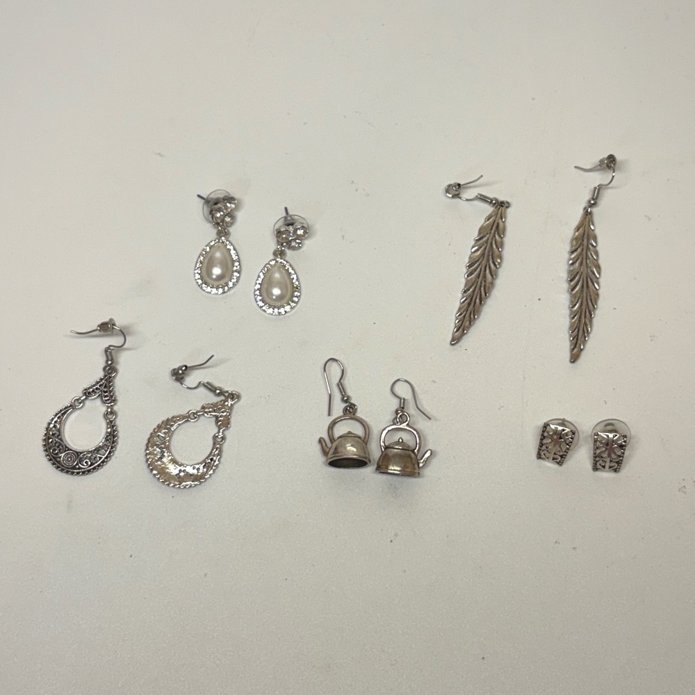 5 Pair Silver Tone Earring Lot Teapot Feather Faux Pearl Filigree Dangle Studs